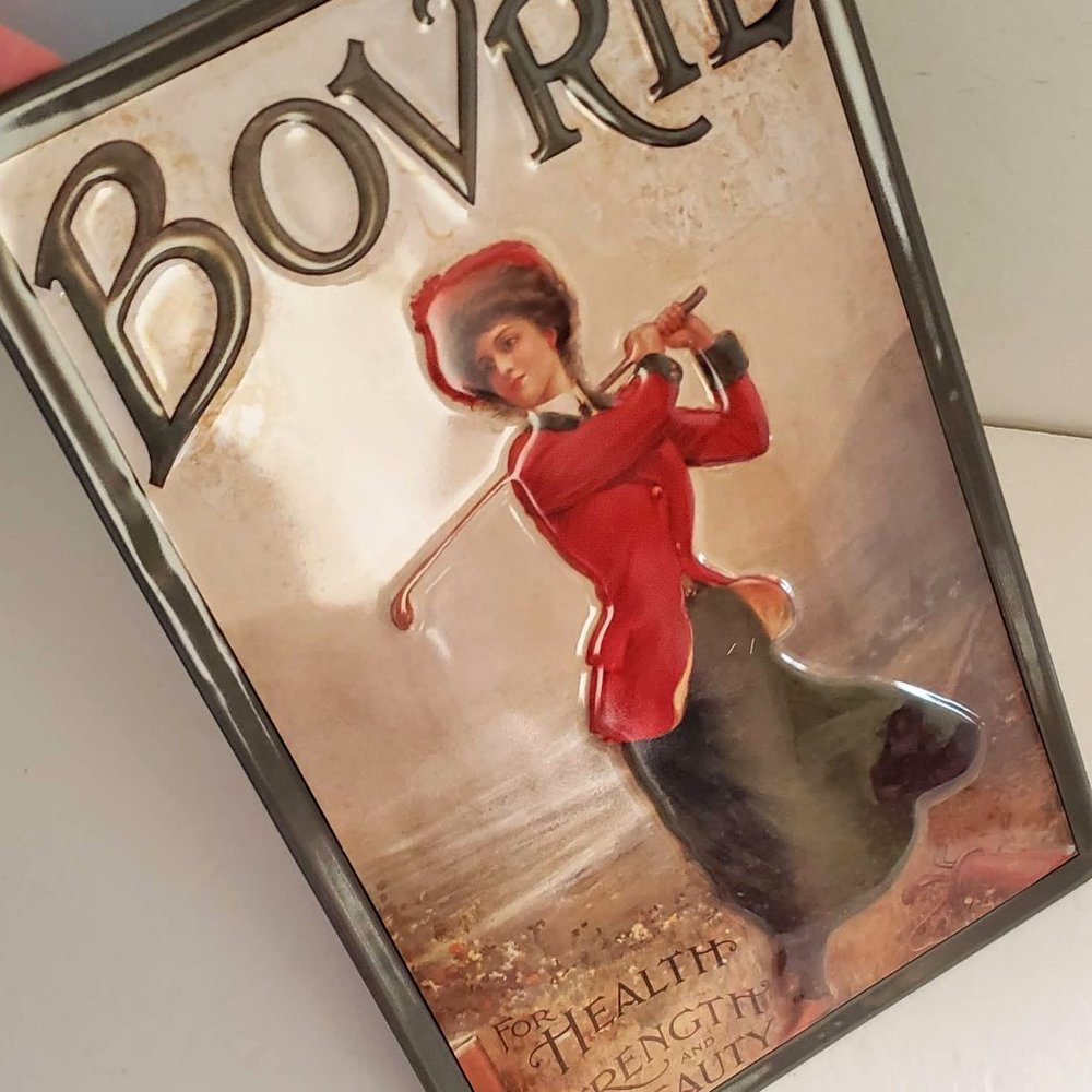 New VINTAGE Sturdy Metal Tin Sign Europe Woman Playing Golf BOVRIL